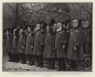 Acclamant le roi le jour du couronnement, les pensionnaires de Chelsea sur Constitution Hill